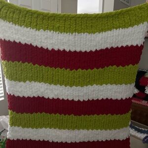 Striped Red, Green, and White Knit Blanket